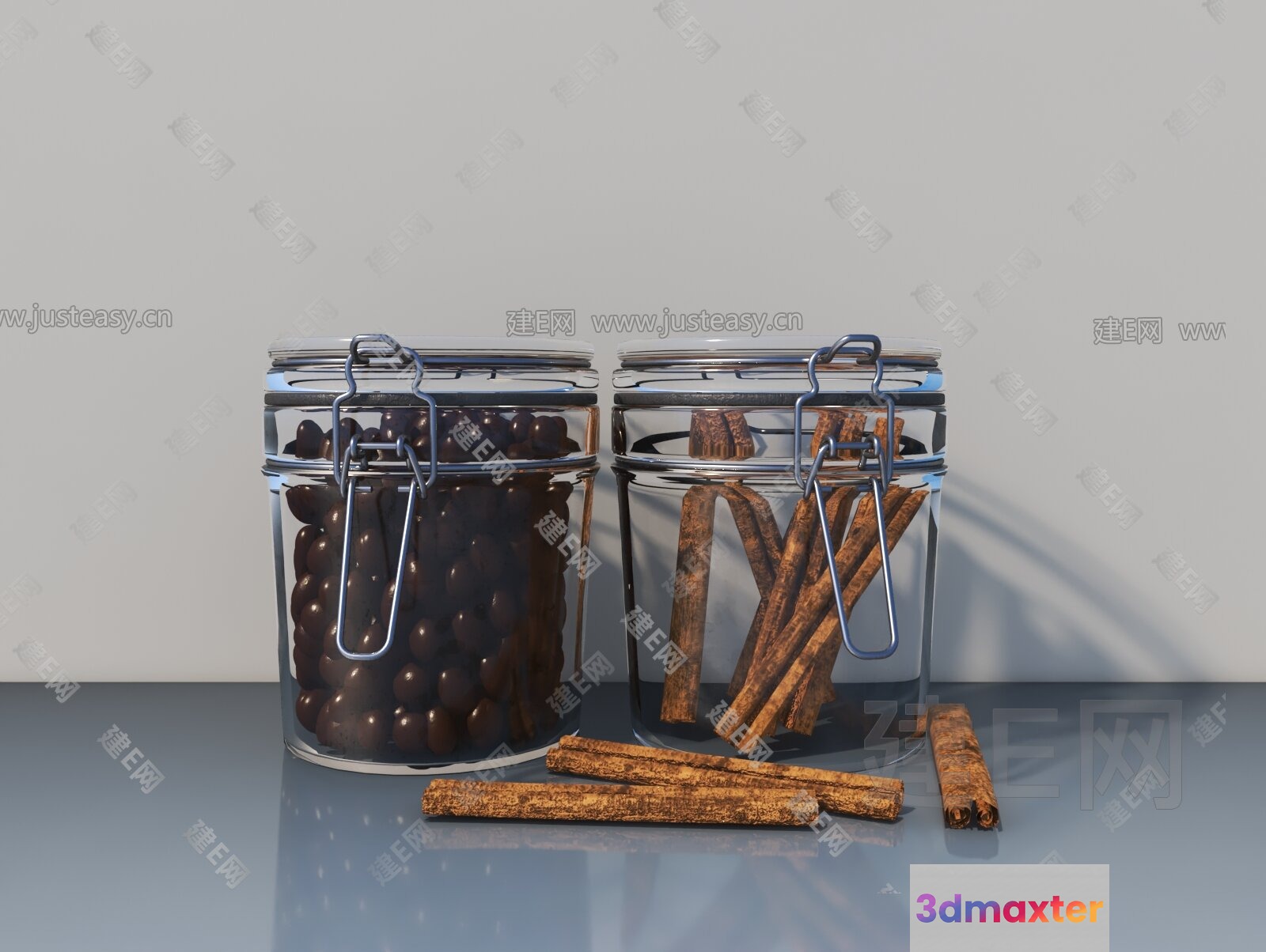 Two Glass Jars With Lids And Cinnamon Sticks 3D Model - 13043 - VRAY Render