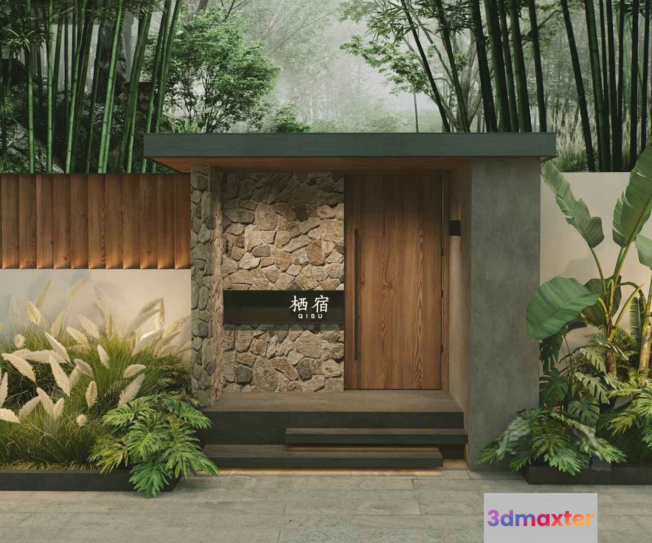 A Wooden Door With A Stone Wall And Plants 3D Model - 3334 - CORONA Render
