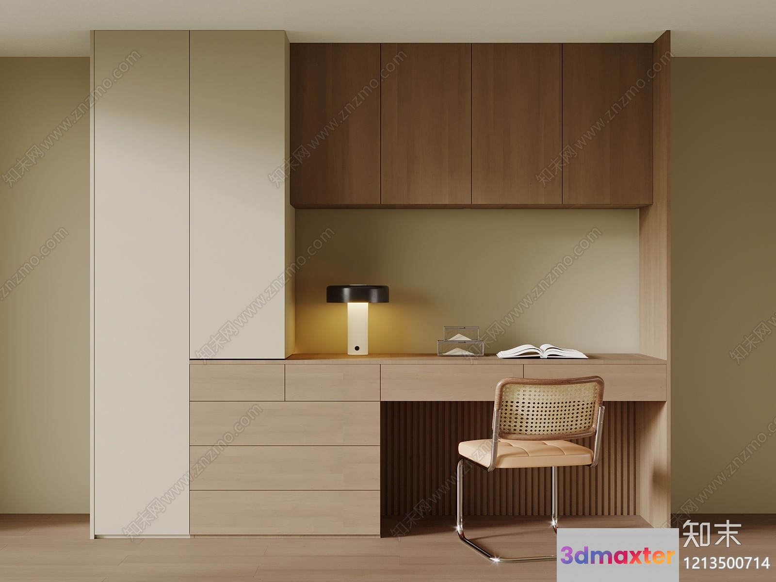 A Modern Wooden Desk With A Lamp And Chair 3D Model - 5851 - VRAY Render