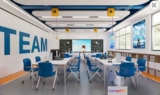 A Conference Room With A Long Table And Blue Chairs 3D Model - 16252 - VRAY Render