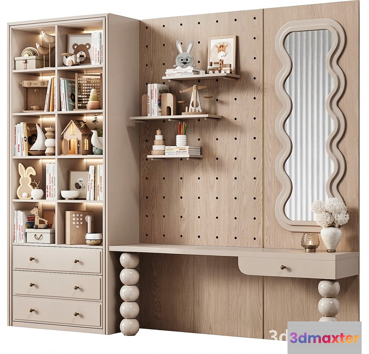 A Wooden Wall With Shelves And Drawers 3D Model - 23018 - VRAY Render
