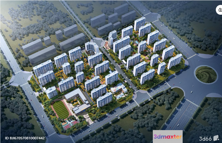 A 3D Architectural Rendering Of A City Block With Buildings And Roads 3D Model - 8674 - VRAY Render