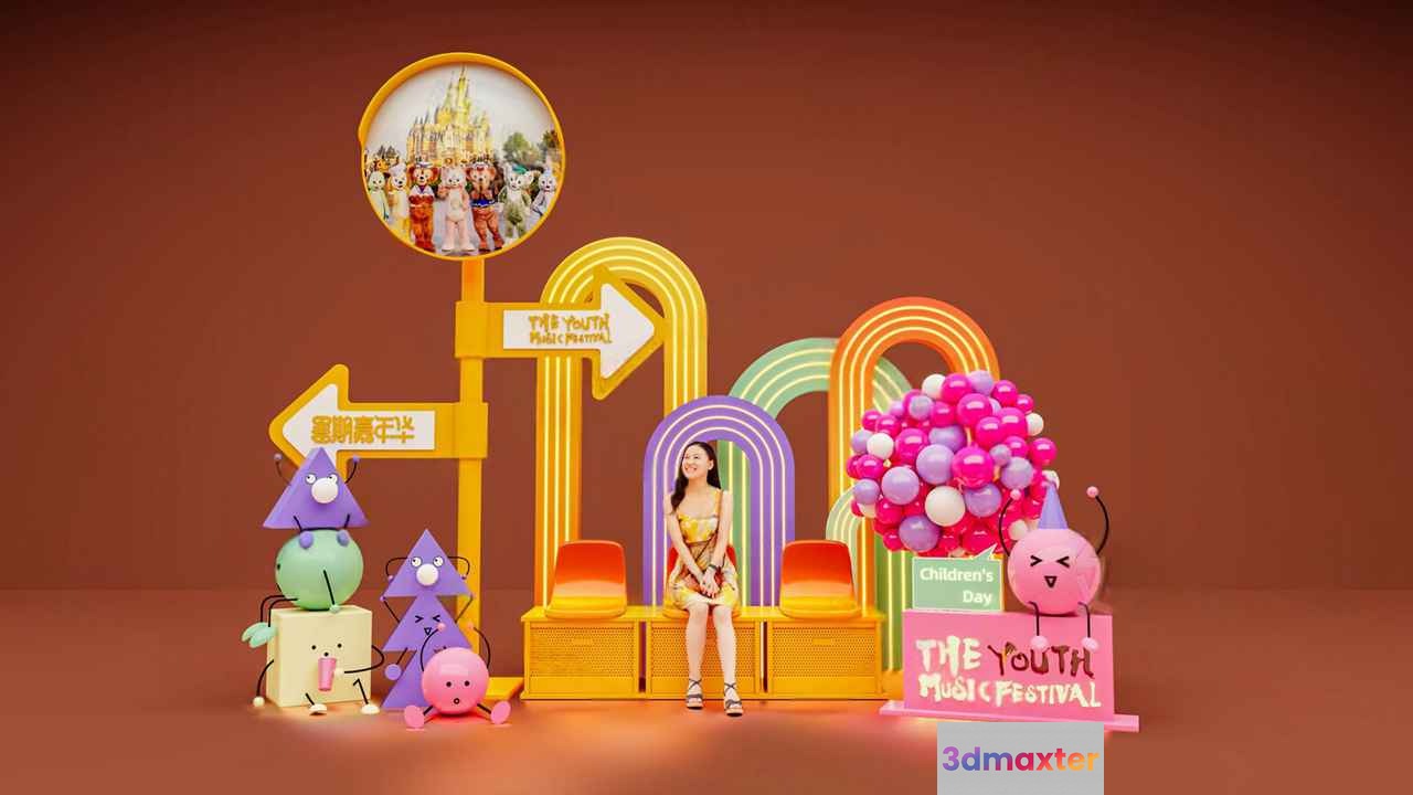The Image Features A Woman In A Yellow Dress Sitting On A Colorful Stage 3D Model - 5086 - VRAY Render