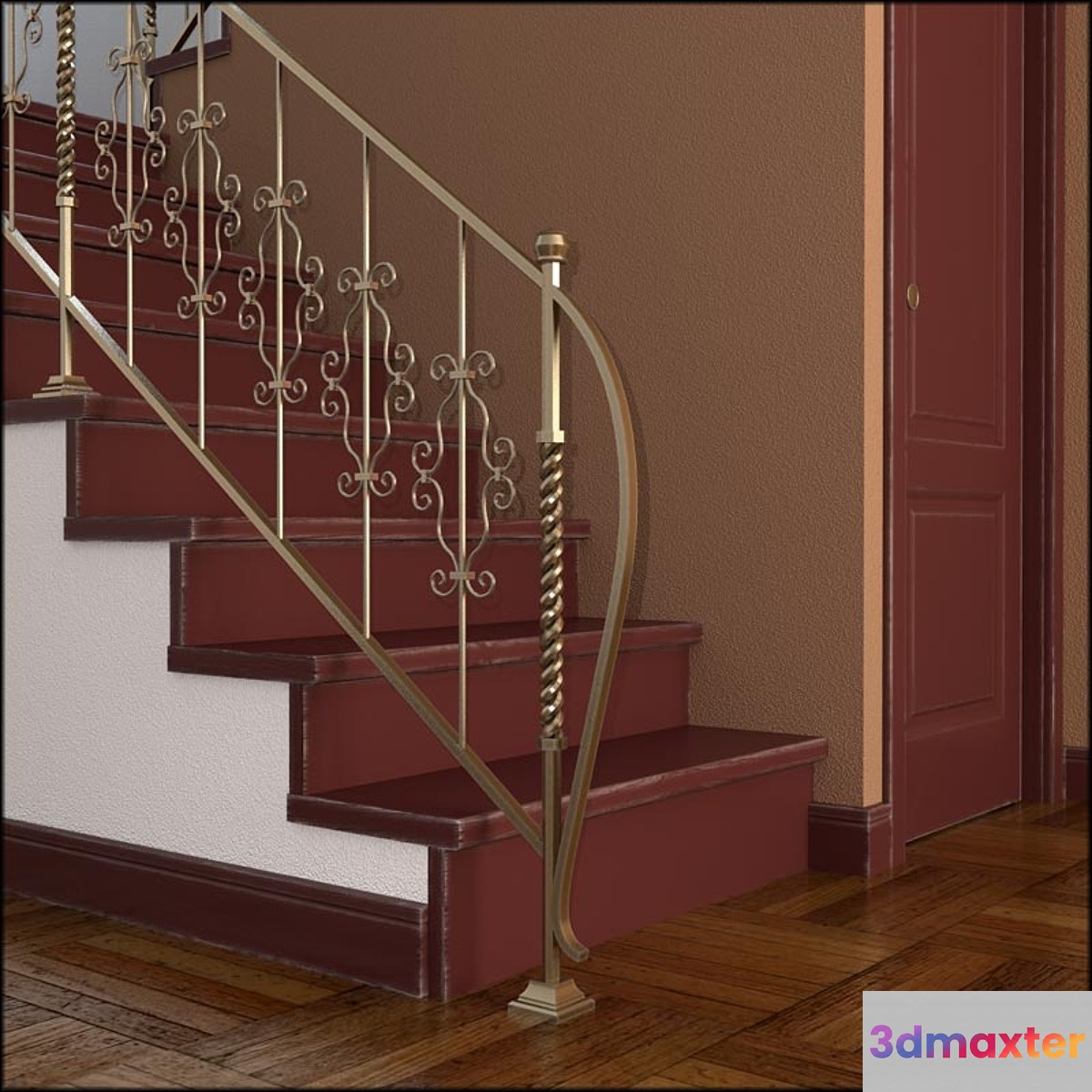 Stairs forged railings and pantry.