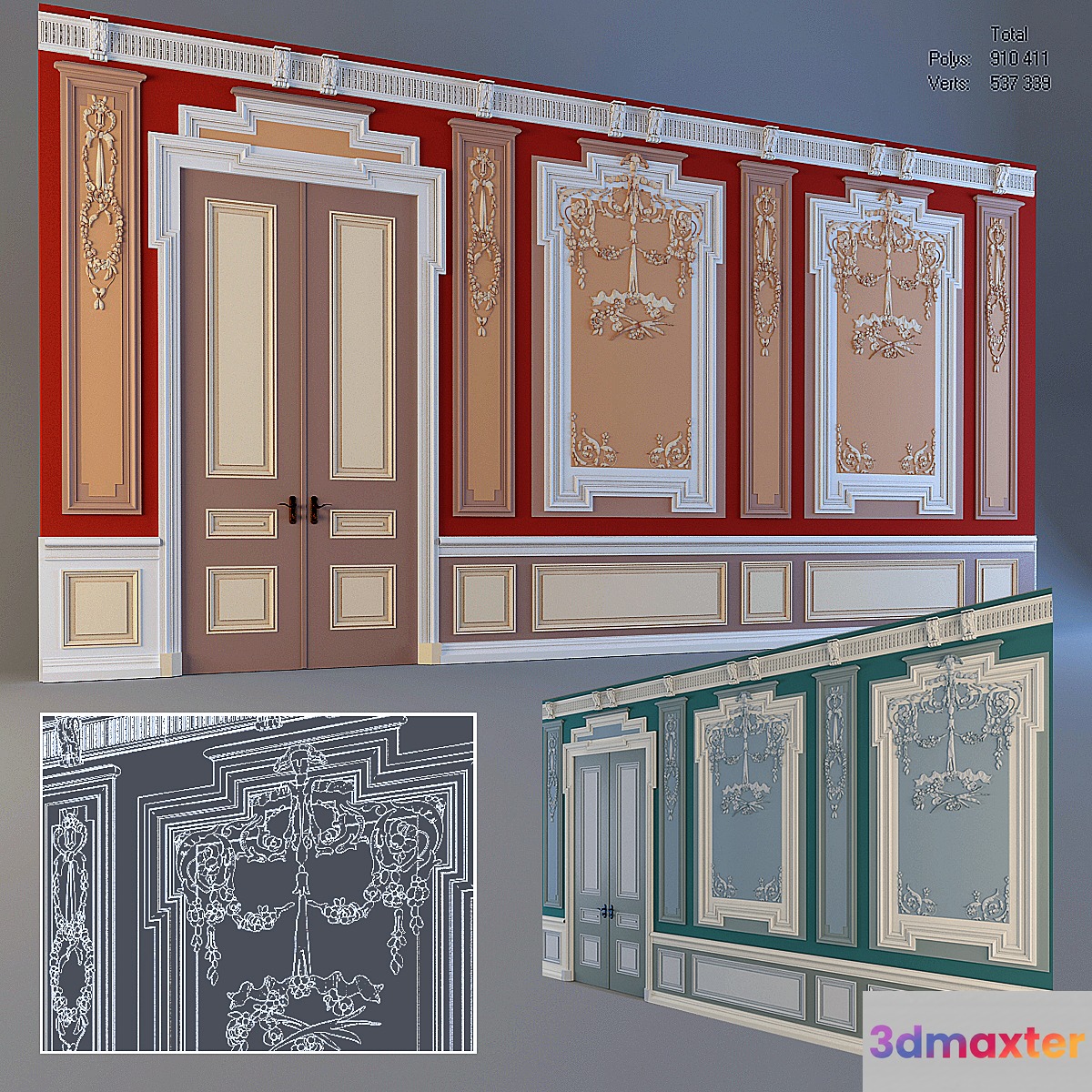 Wall with mouldings and door 3D Max