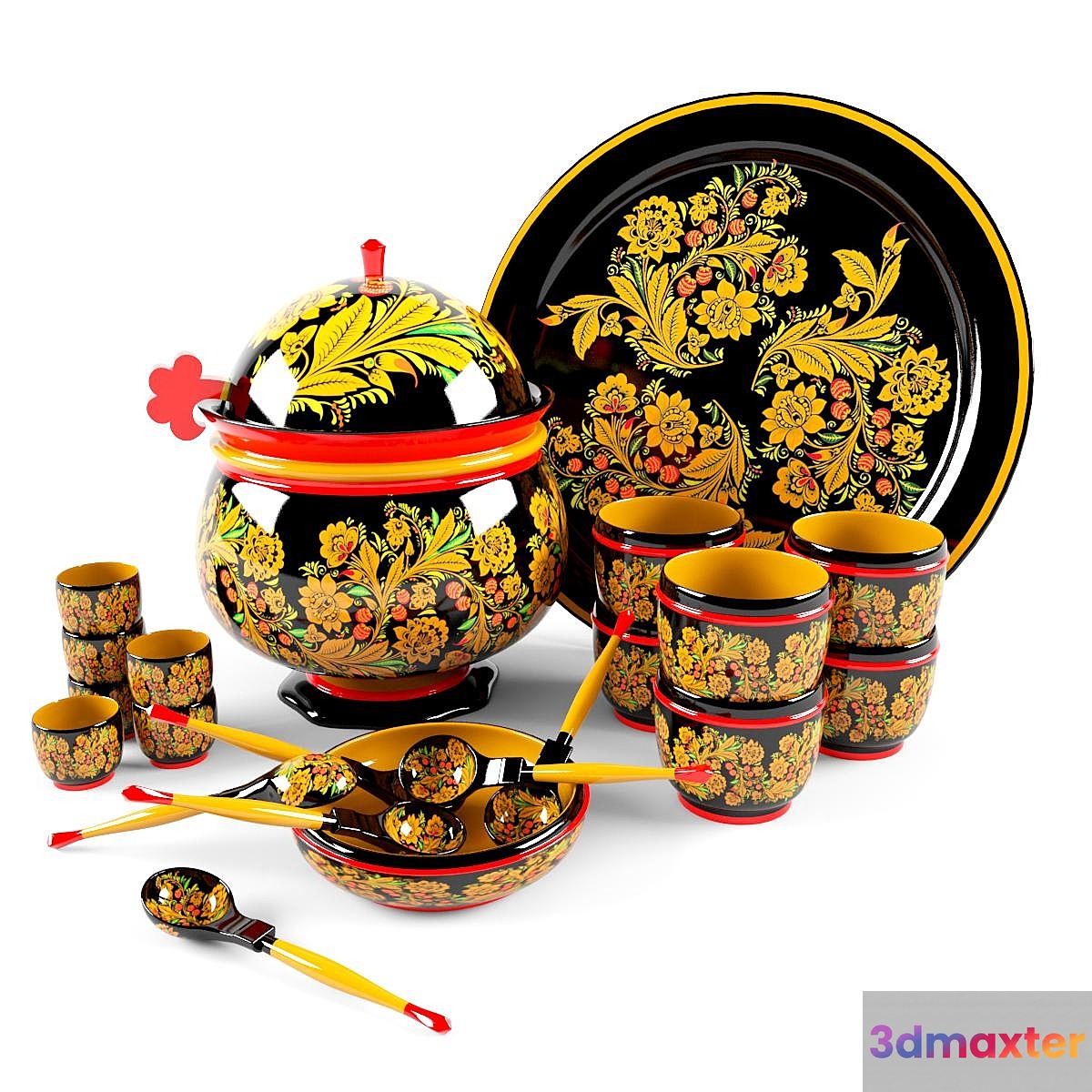 Khokhloma. Cookware set. 3D Max