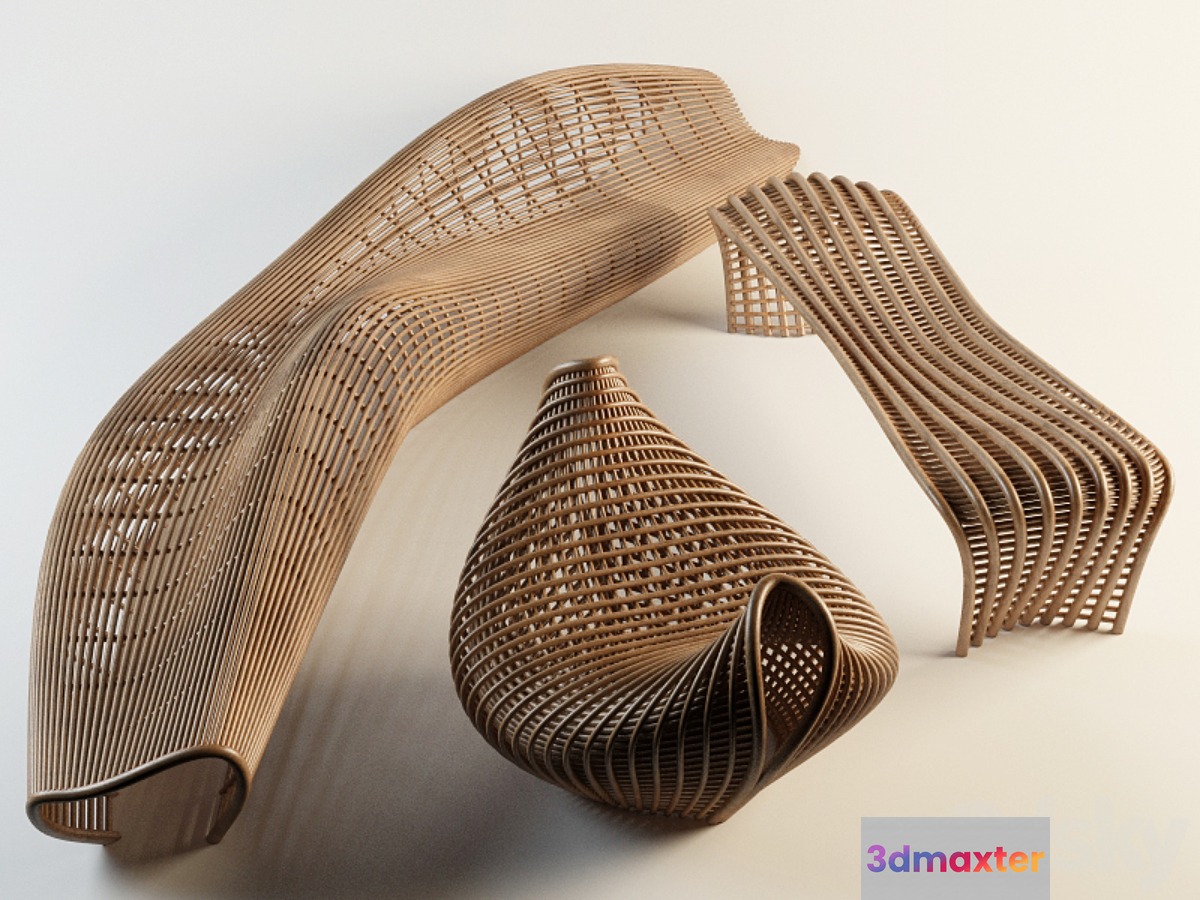 Set Wicker benches 3D Max