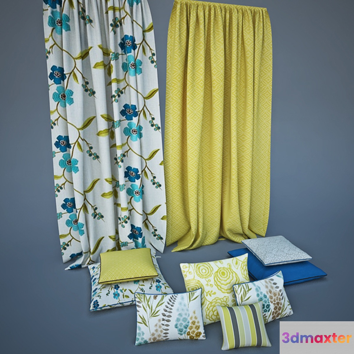 Pillows and curtains with fabrics Harlequin 3D Max