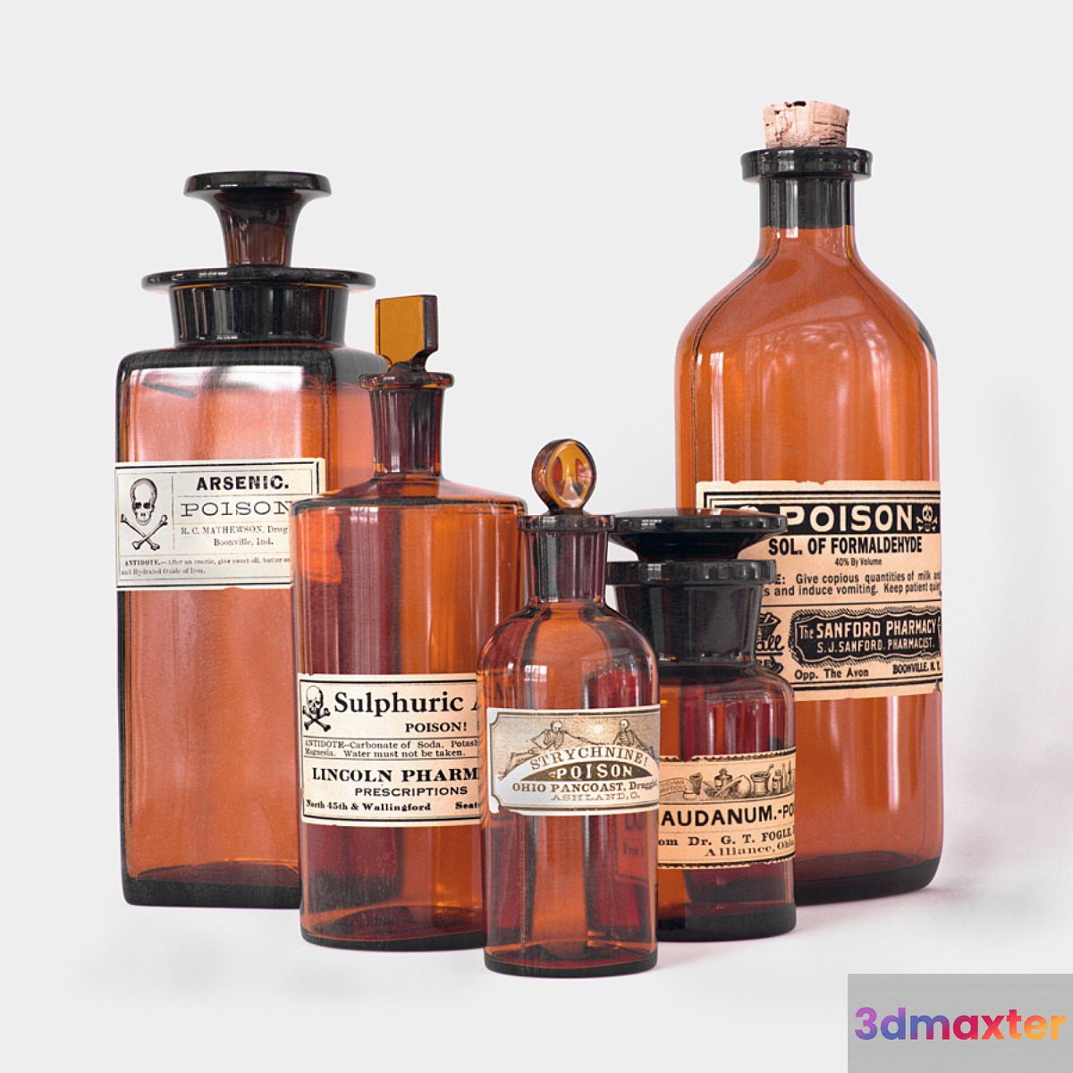 Vintage Poison Bottles 3D Max