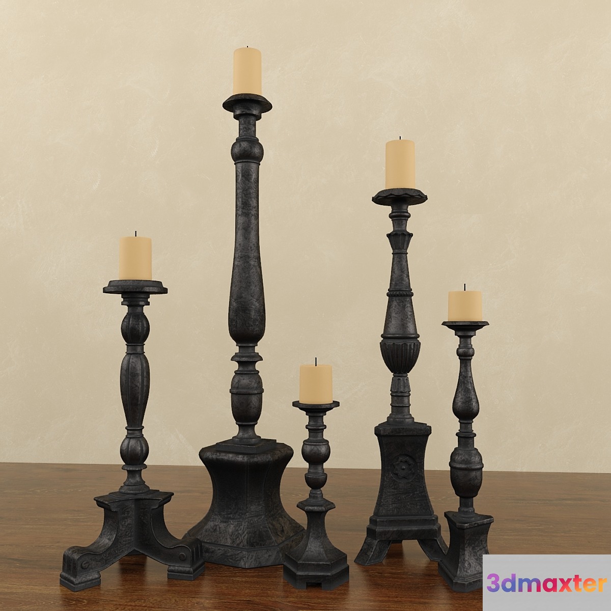 Florentine Carved Wood Candlesticks Black 3D Max