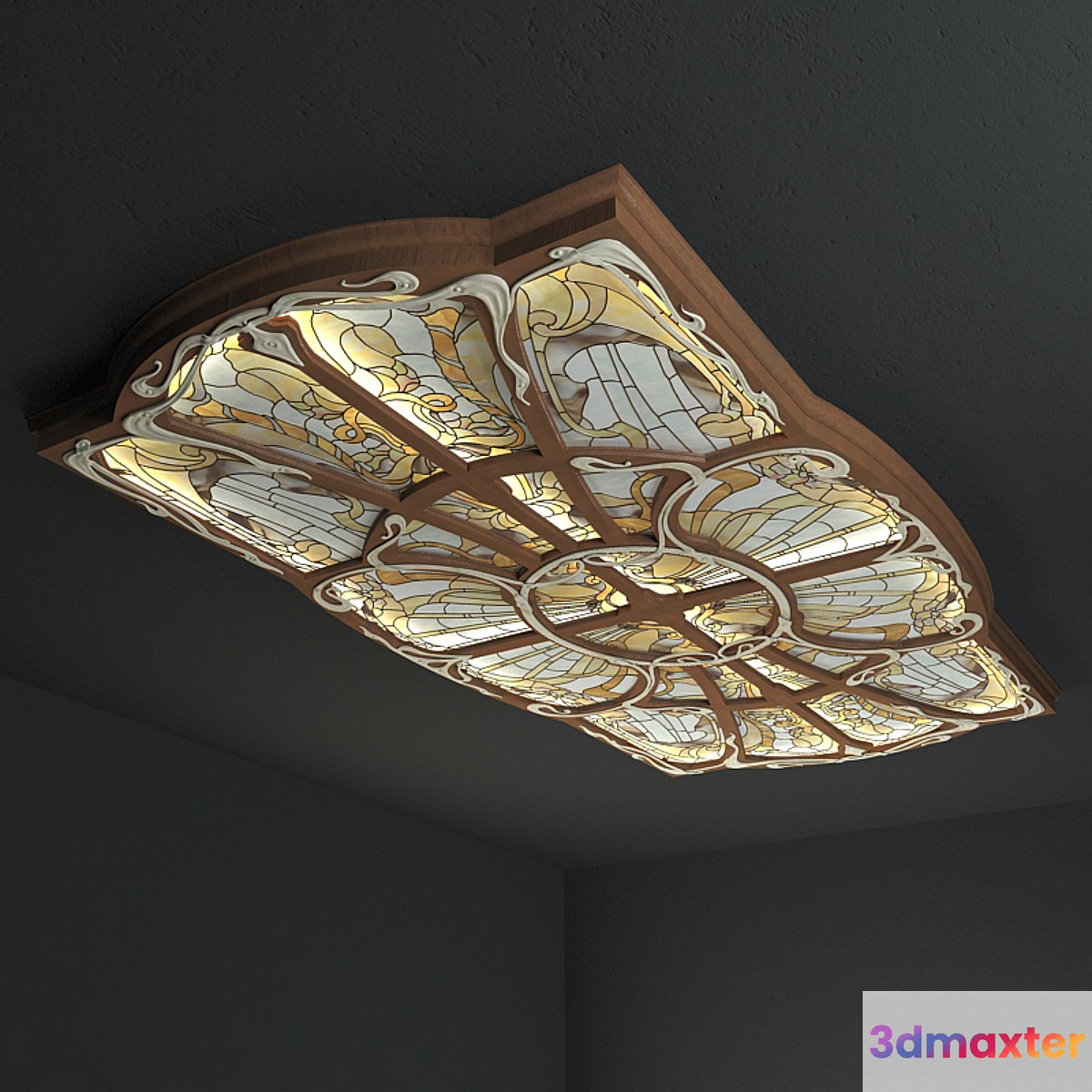 Ceiling stained glass in a wooden frame with forged decor. 3D Max
