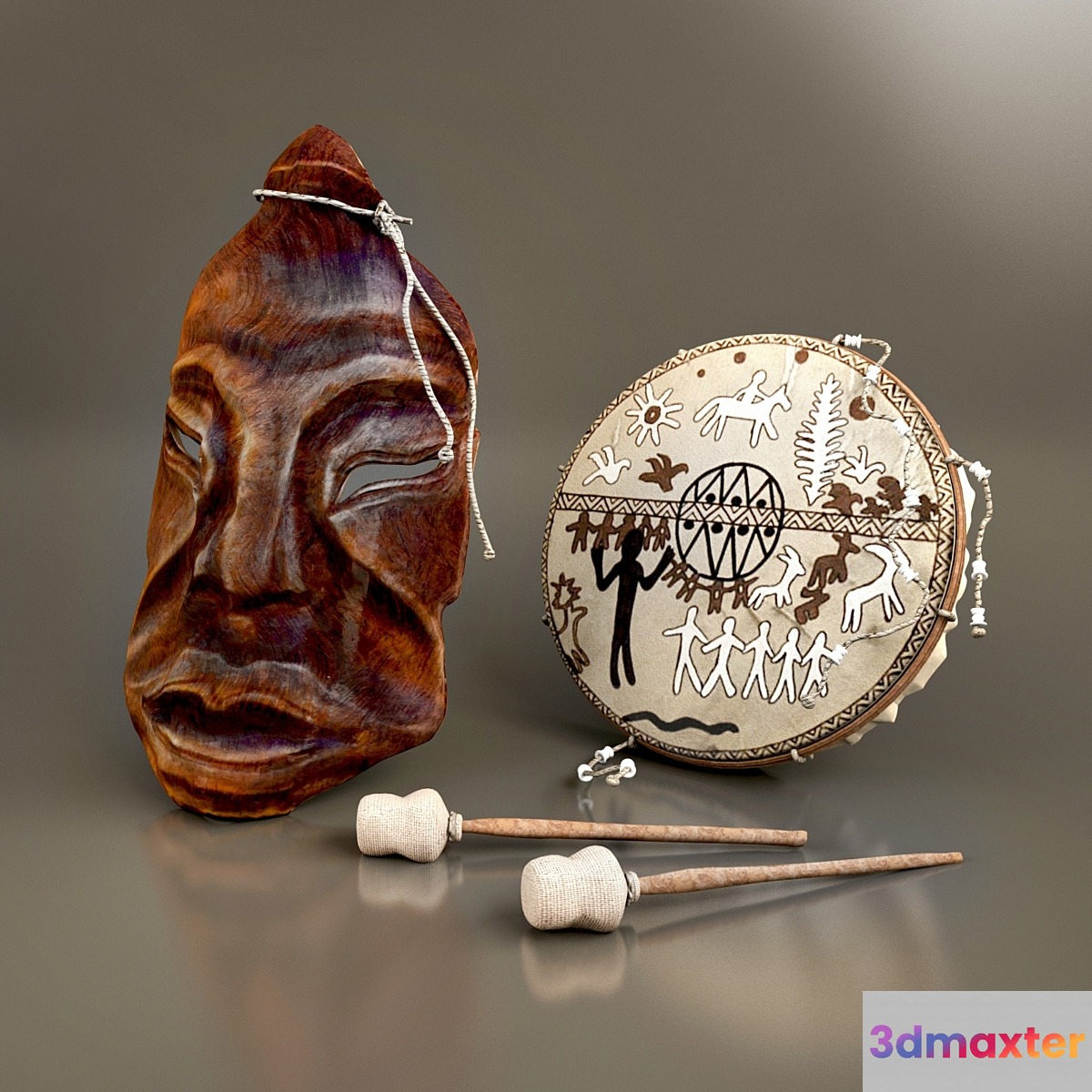 Shamanic mask and tambourine 3D Max