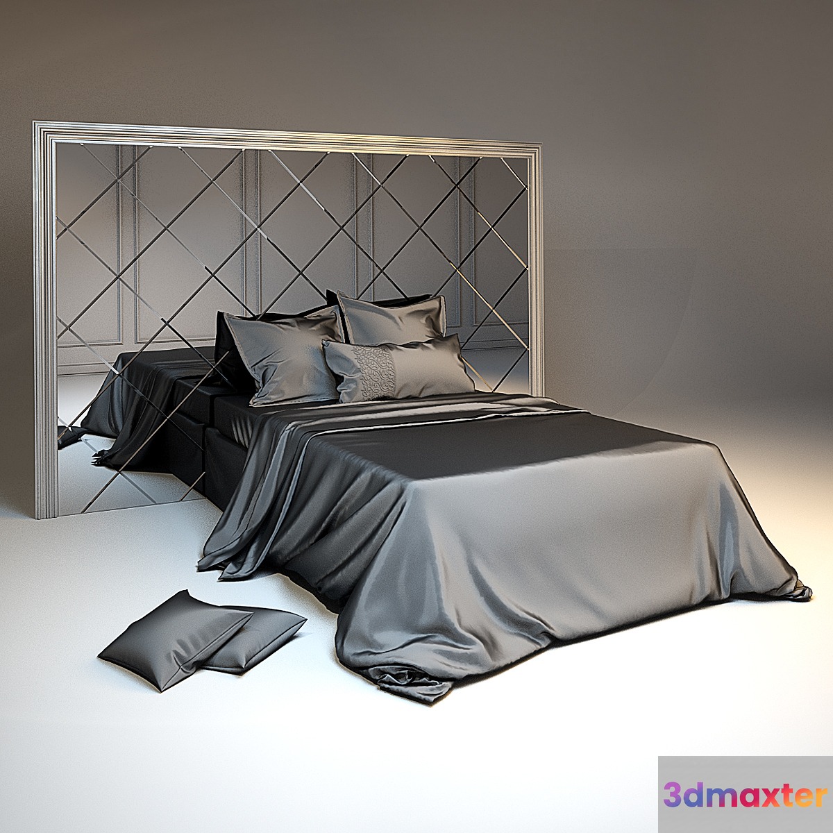Silk bedding and headboard with mirror tiles in a silver frame