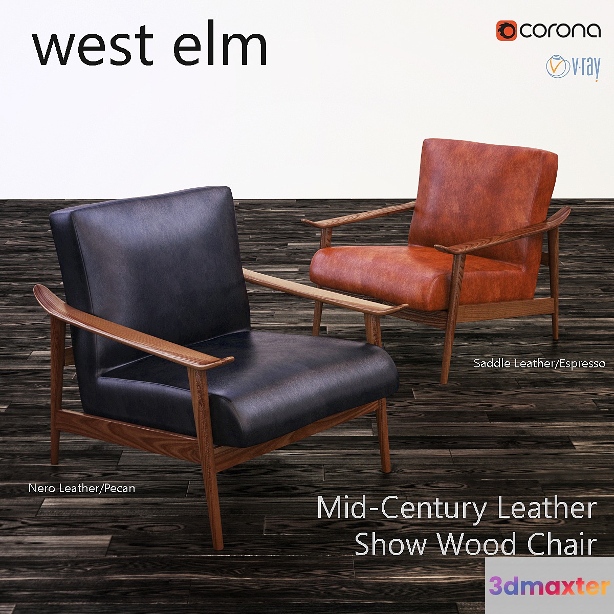 West elm Mid-Century Leather Show Wood Chair 3D Max