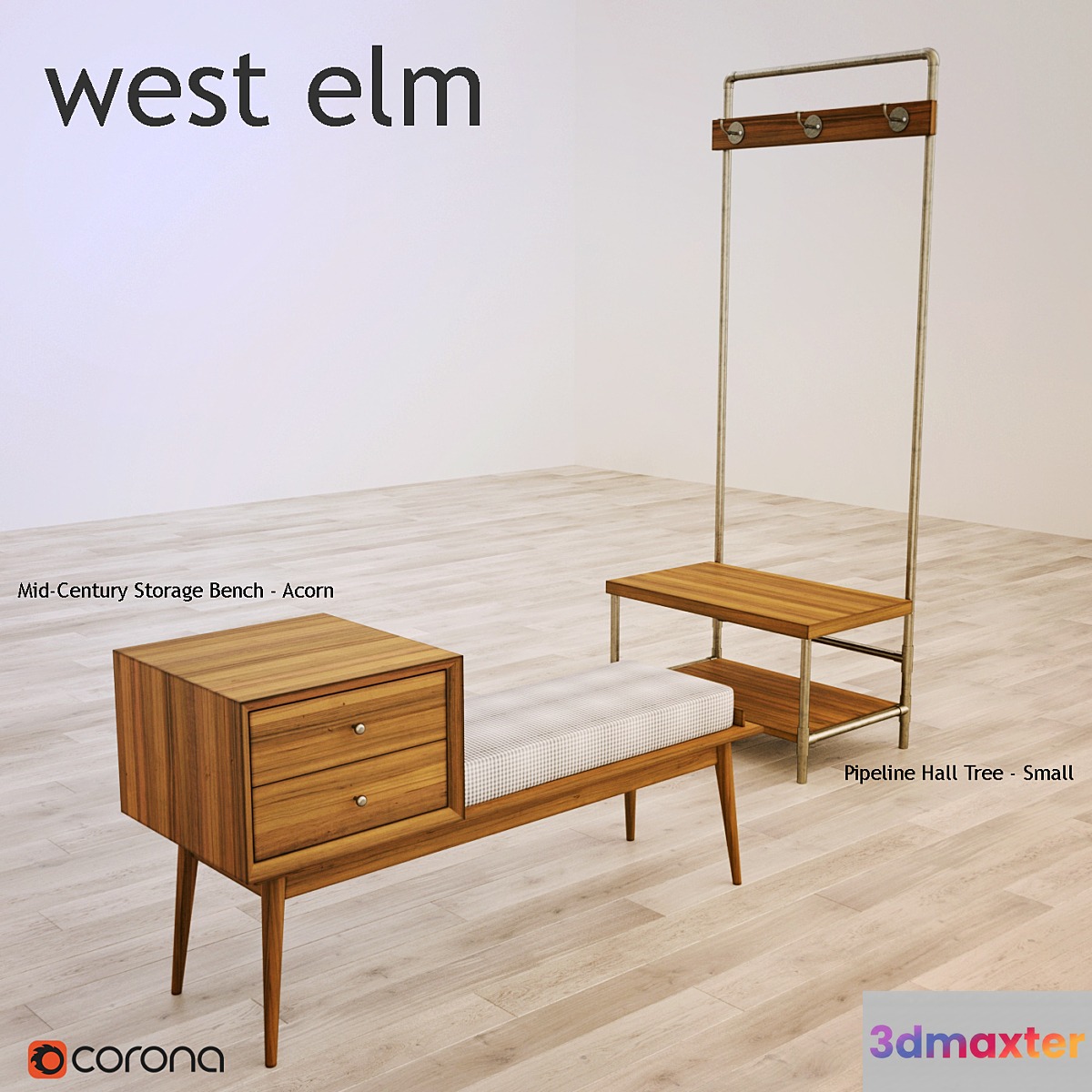 west elm Mid-Century Storage Bench Pipeline Hall Tree 3D Max
