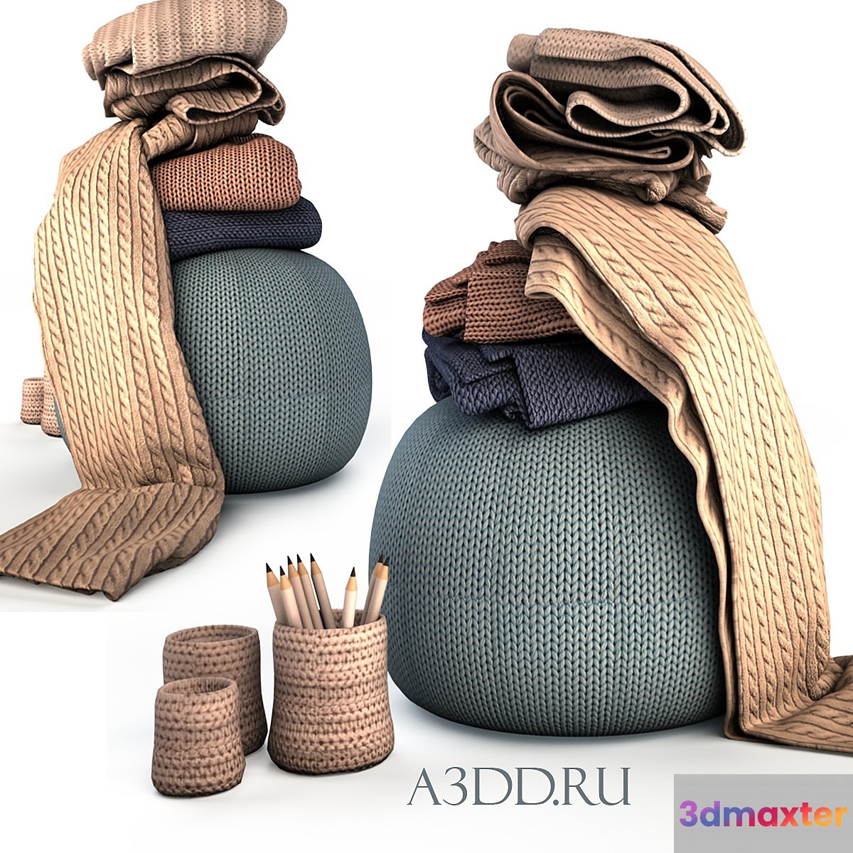 Knitted pouf + drapery 3D Max