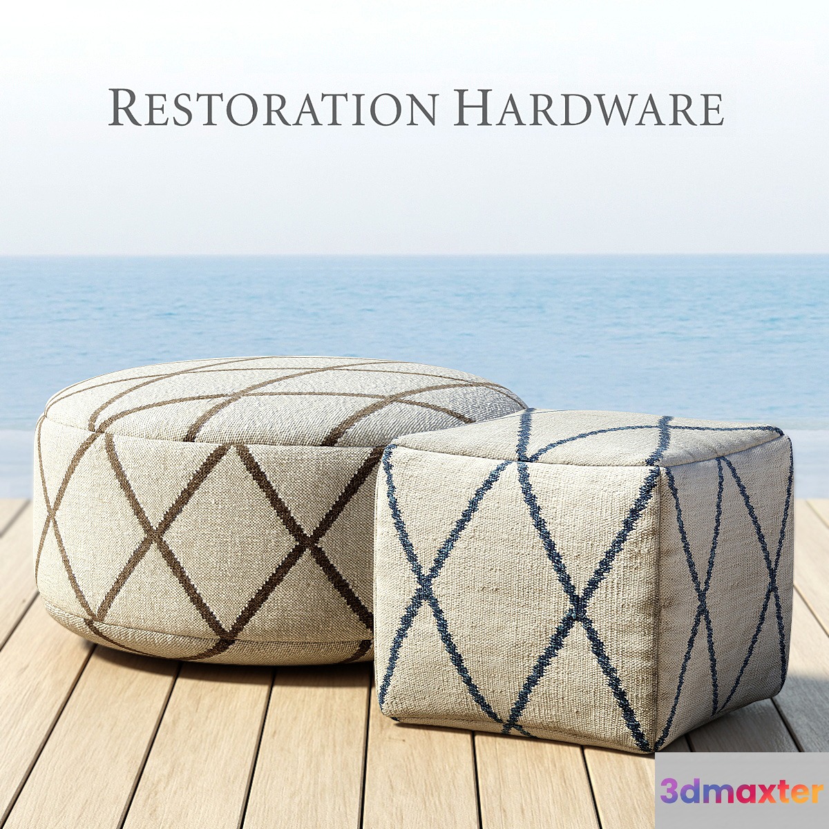 RH _ OUTDOOR HAND-KNOTTED MOROCCAN TILE FLATWEAVE POUF
