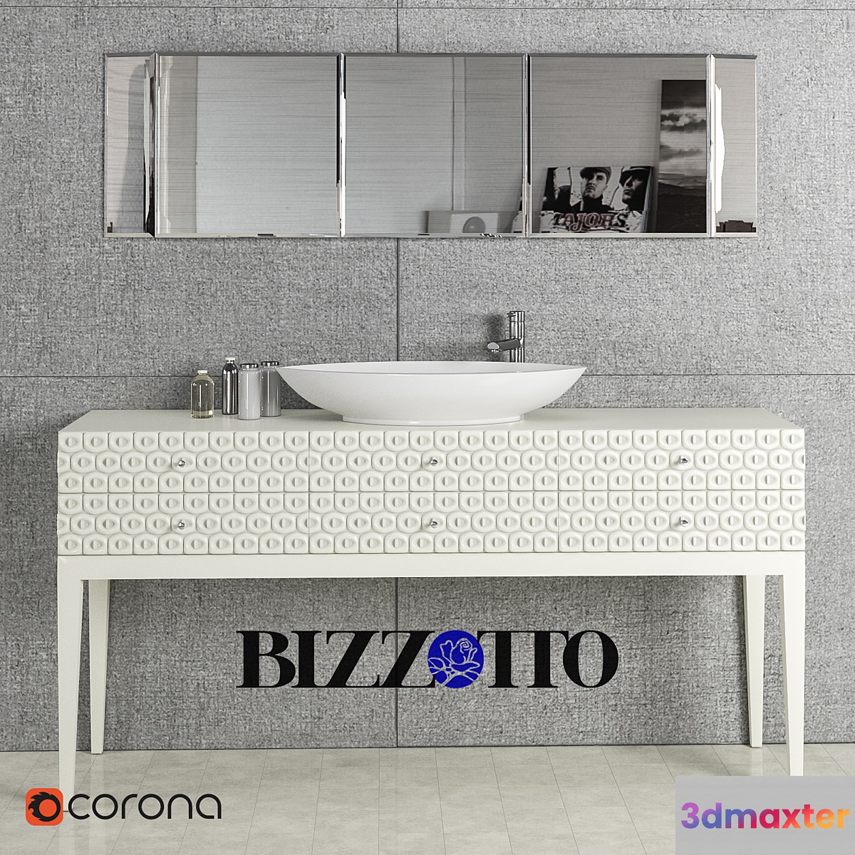 Console under the sink Bizzotto Natural chic art. 573 mirror wall art. 273 washbasin lavabo appoggio bianco mixer WasserKRAFT 4107 3D Max