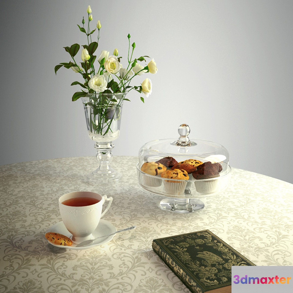 A cup of tea and a bouquet