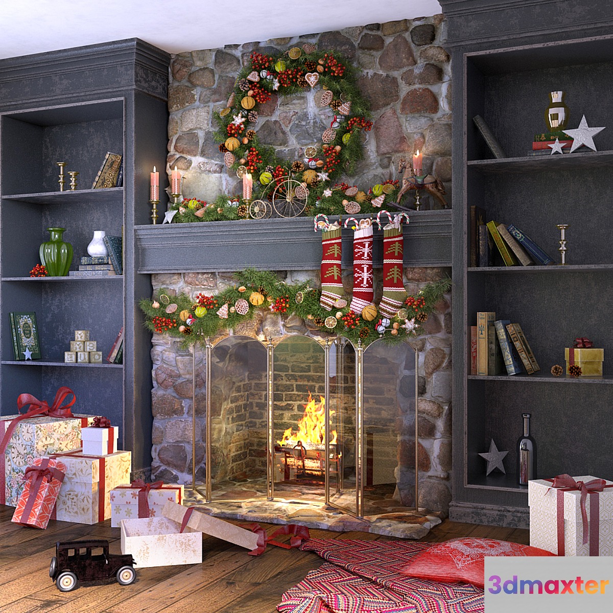 Christmas decoration fireplace 3D Max