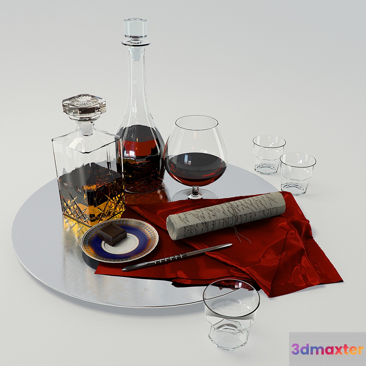 A set with a decanter of whiskey and brandy on a large platter - Set whiskey and cognac decanter on dish