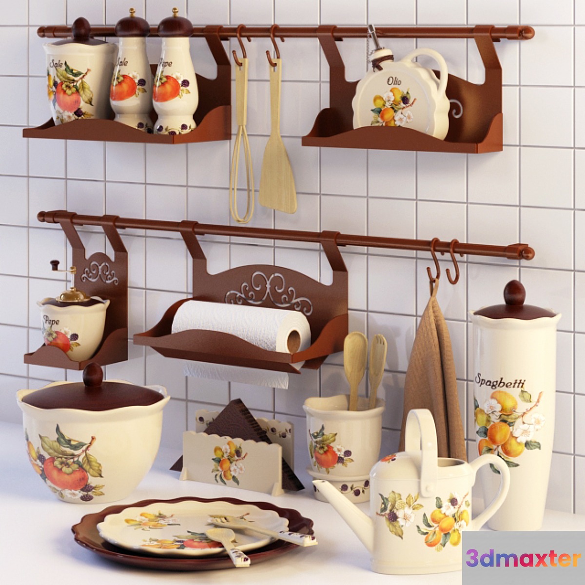 A set of dishes and rail for kitchen