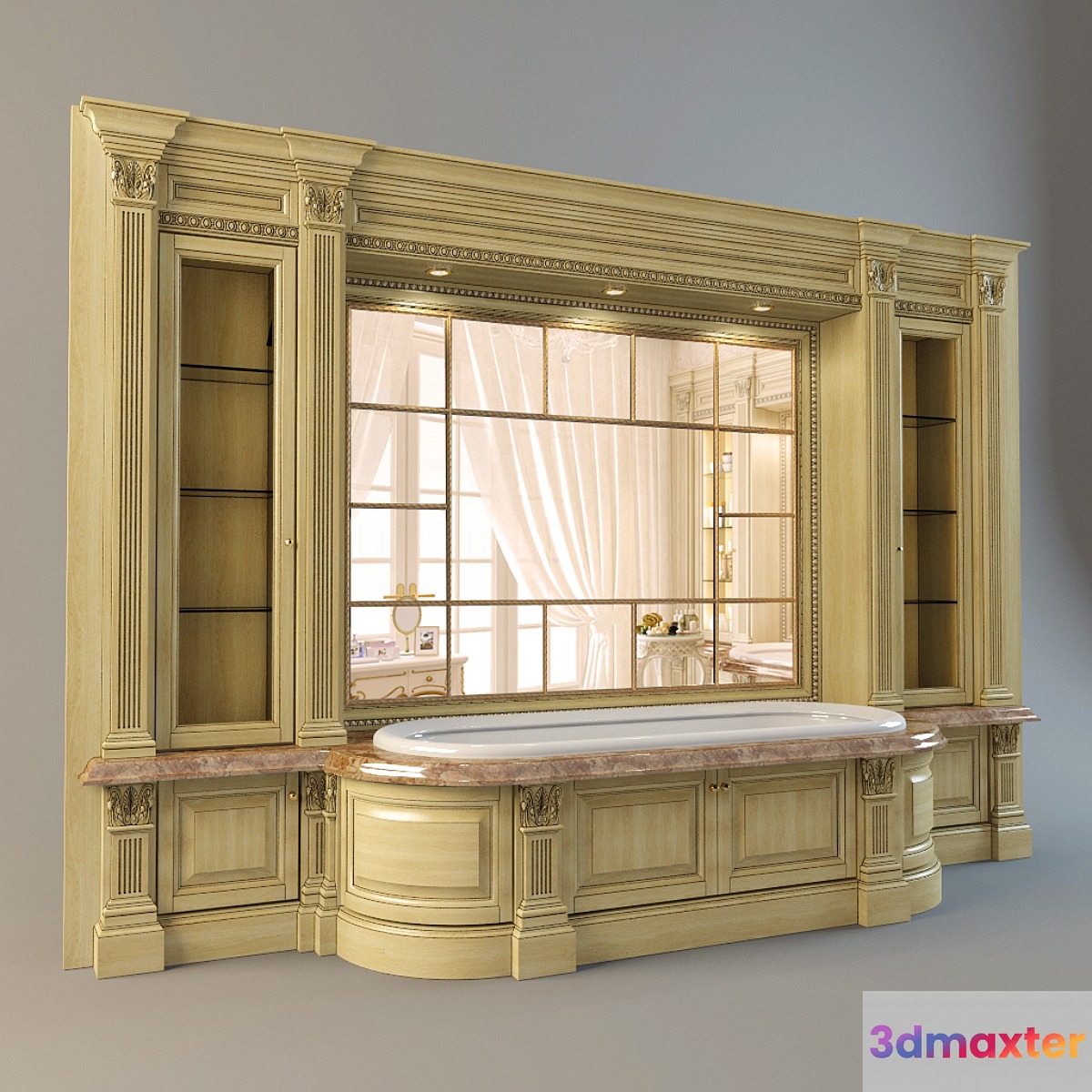 The wall with furniture and bathroom