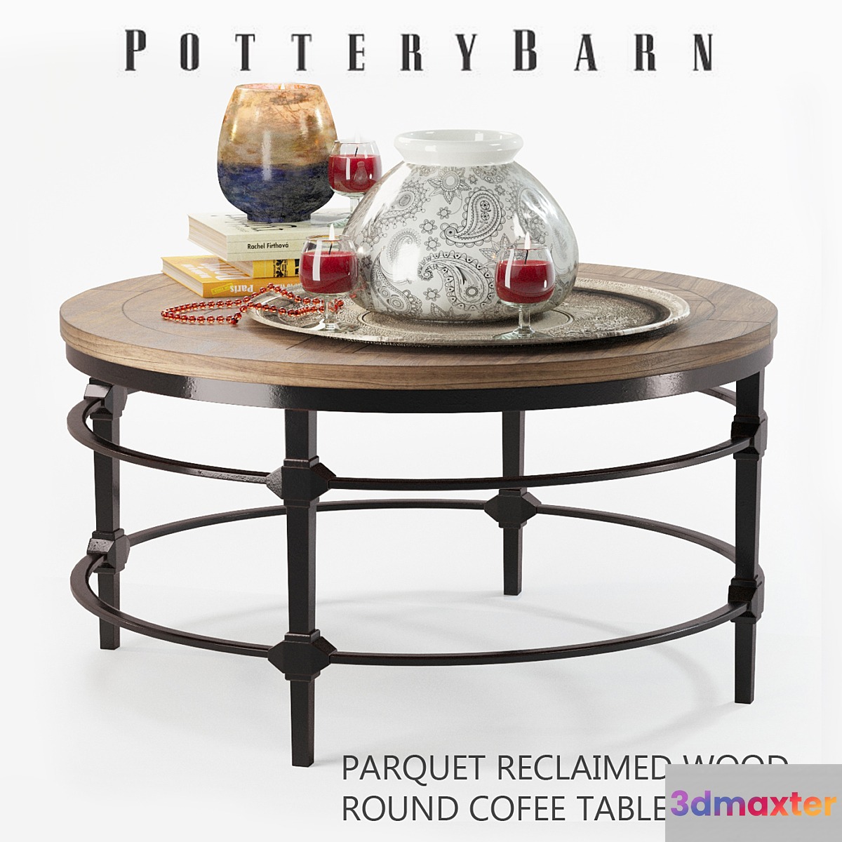 Parquet reclaimed wood round coffee table with decor