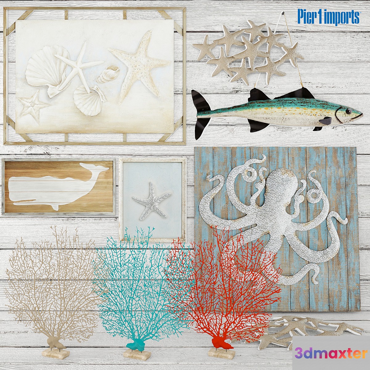 Marine decorative set. pier1 painting marine style decor wall wooden coral octopus
