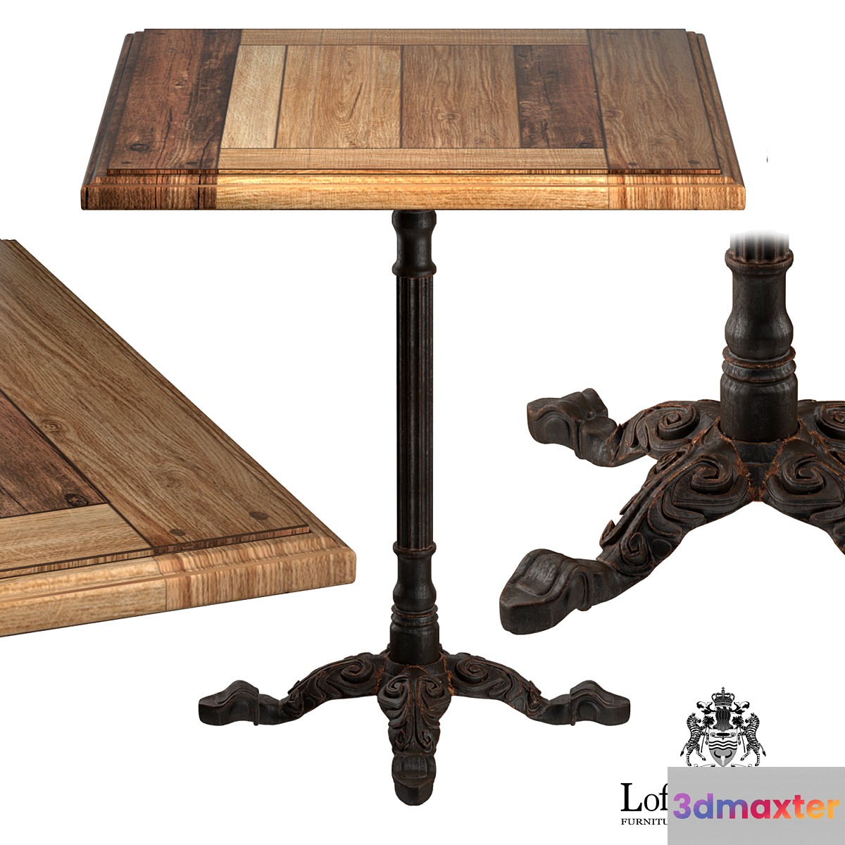 CAST IRON AND OAK RESTAURANT TABLE SQUARE 3D Max