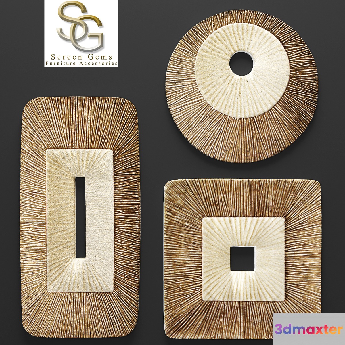 Concave Ribbed Plaque Wall Art - Set panel wall decor stone carving sculpture painting art contemporary art 3D Max