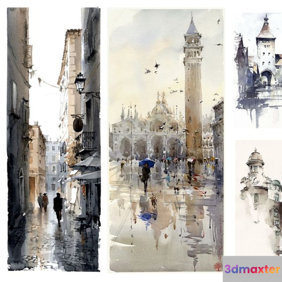Texture watercolor paintings in gray-beige tones. 3D Max