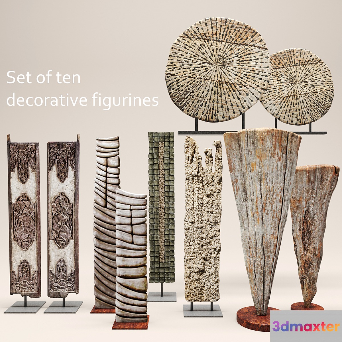 Set of ten decorative figurines wooden decor eco style eco design carving cut figurine 3D Max