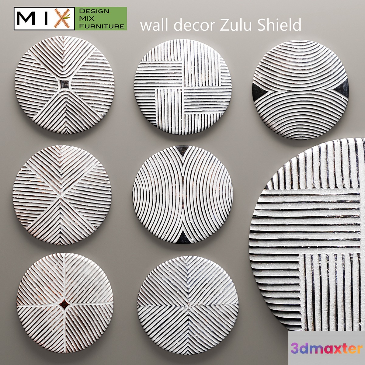 Design Mix Furniture. Zulu Shield. Panel panel Africa white bleached abstraction picture set wall decor