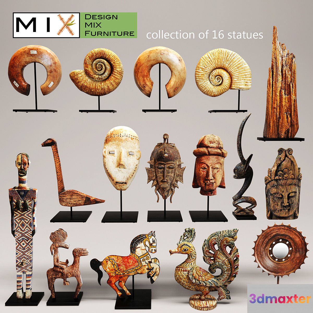 Design Mix Furniture. Collection of 16 pieces figurine wooden eco design set collection decor mega set ammonite shell fossil figurine decor mask - No.4