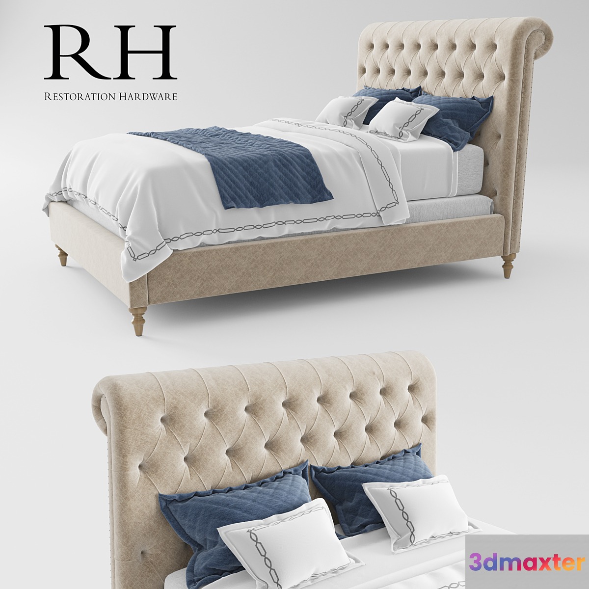 RH Chesterfield Fabric Sleigh Bed