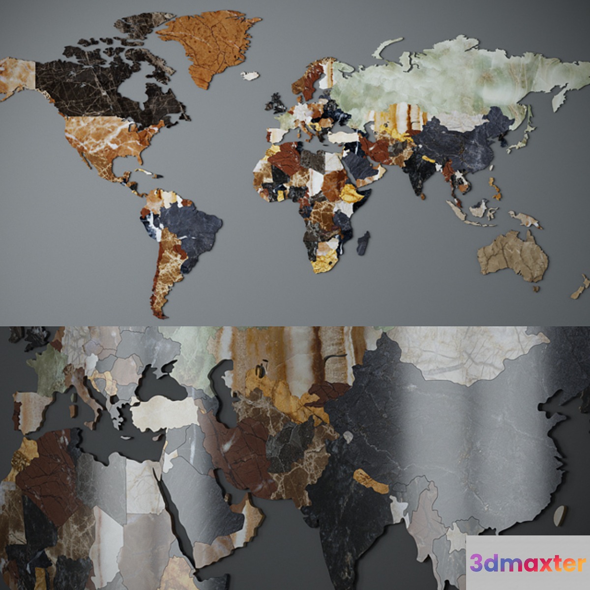 World map. CNC cutting of marble.