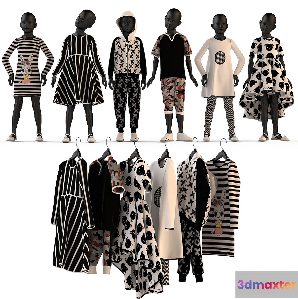 Children's clothing on mannequins and hangers