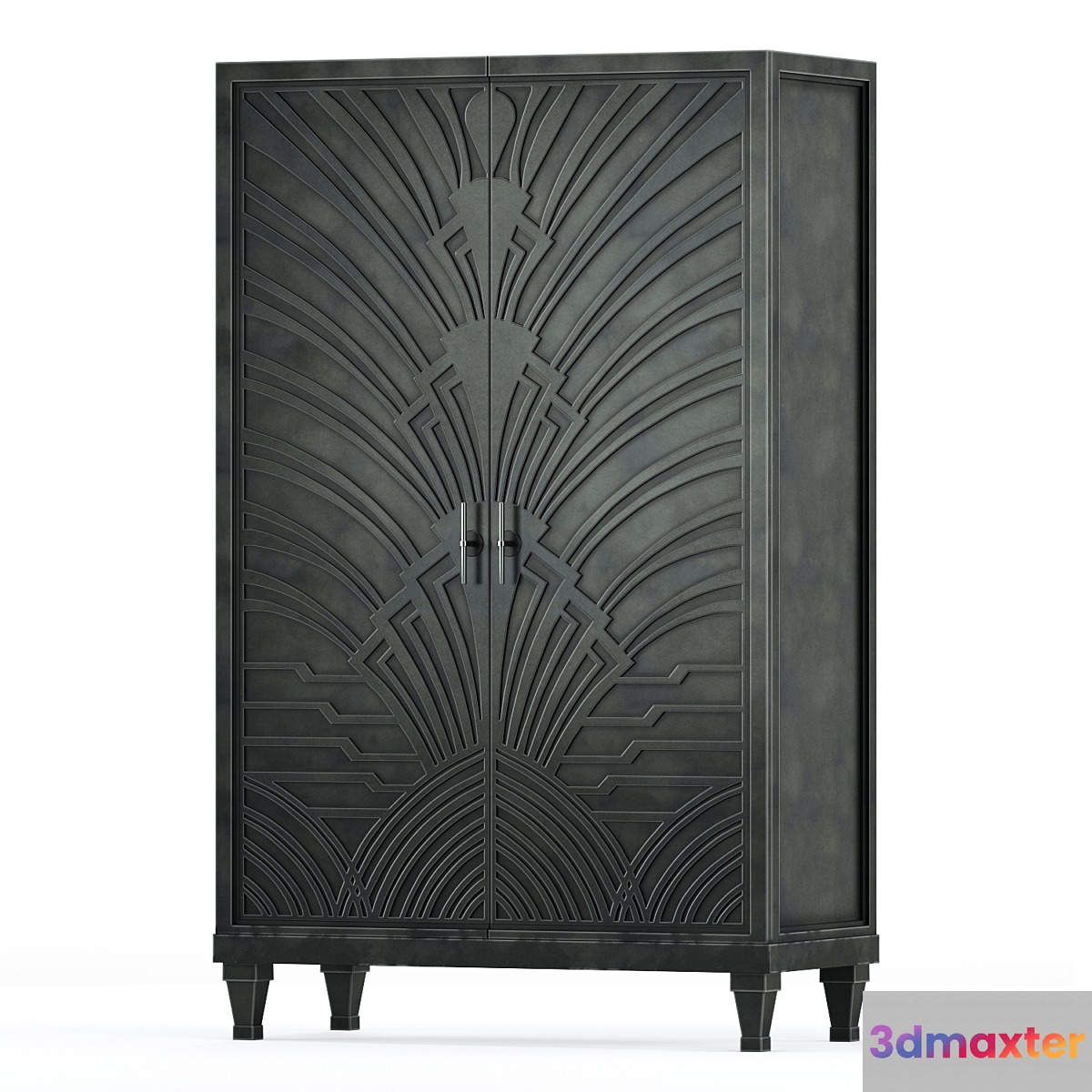 Miranda Hollywood Regency Art Deco Carved Wood Gunmetal Cabinet