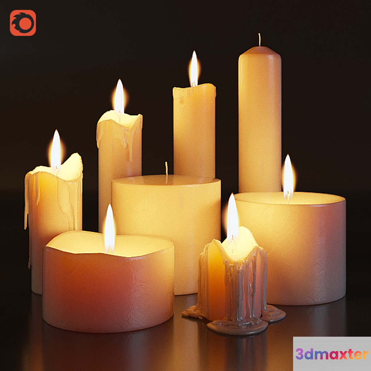 Set of burning candles 3D Max