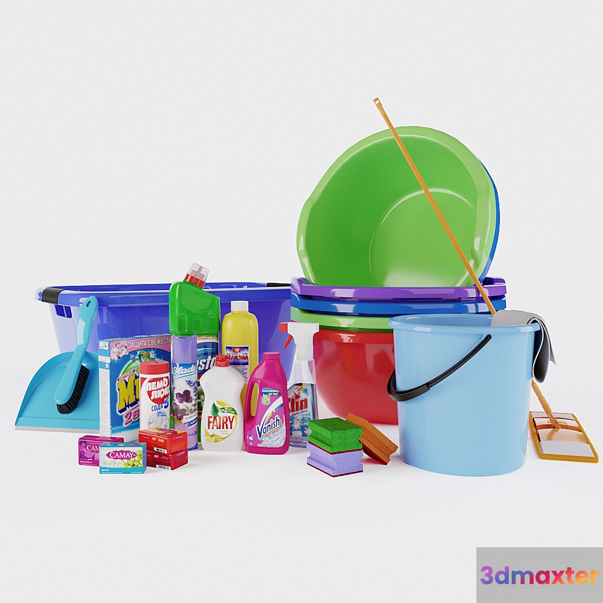 A set of household chemicals and household equipment 3D Max