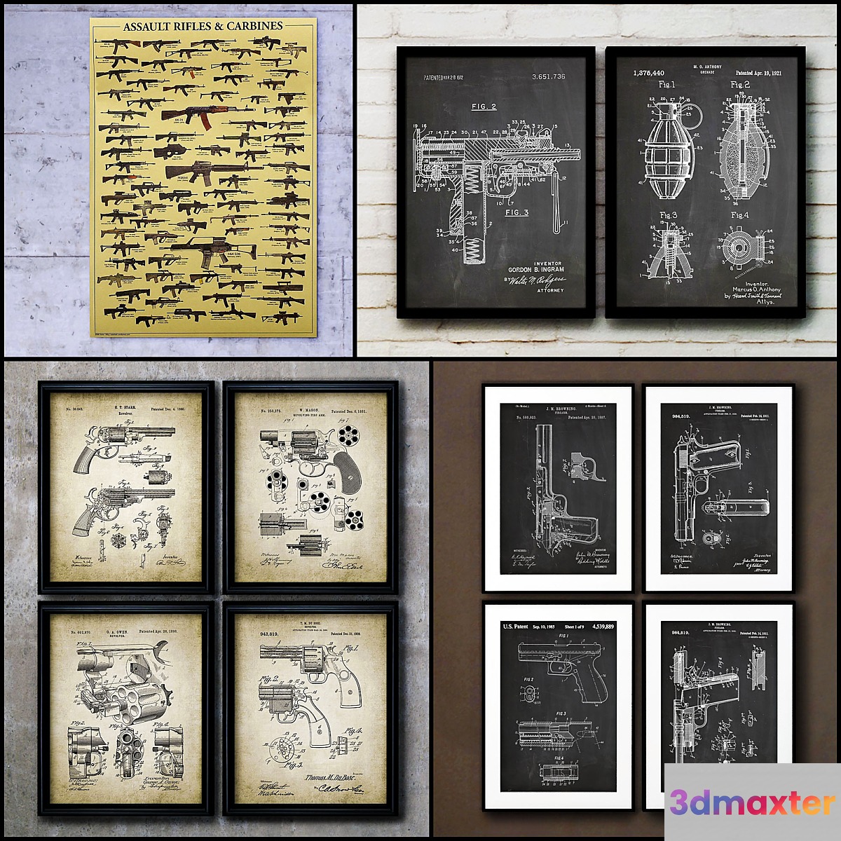 The picture in the frame. Collection of 107 Weapons 3D Max