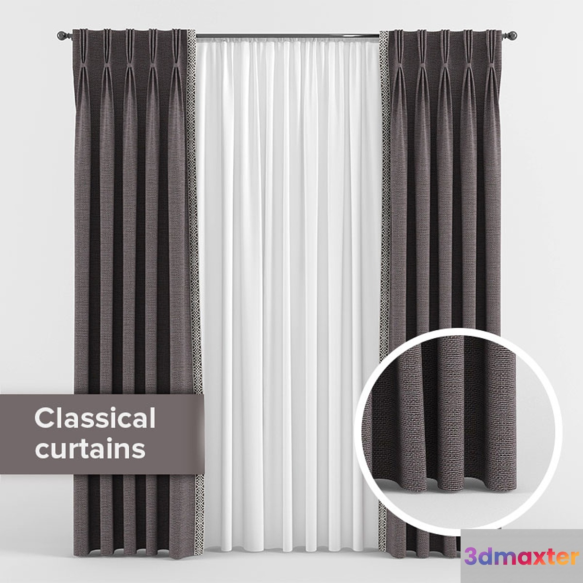 Curtains with triple pleats 3D Max