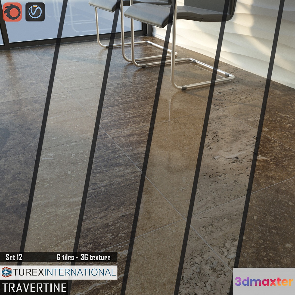 TUREX INTERNATIONAL Travertine Tiles Set of 12 3D Max