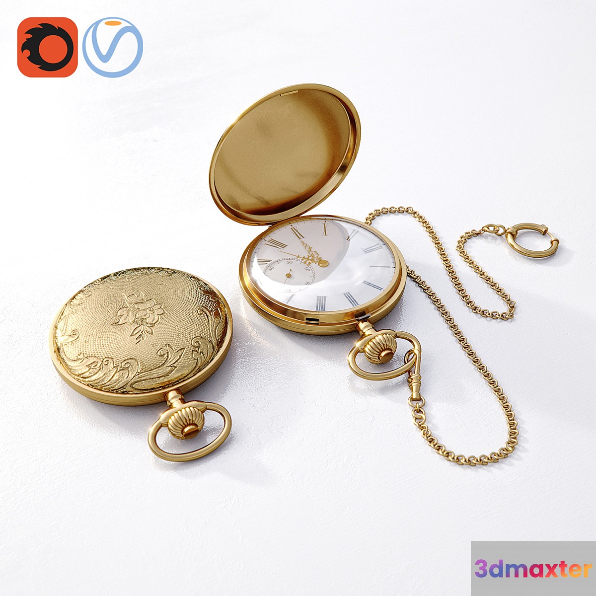 Golden pocket watch 3D Max