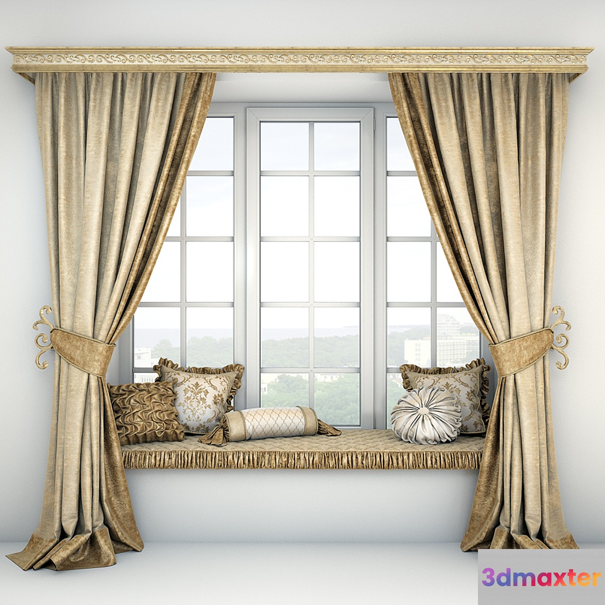 Soft quilted sill with cushions and curtains