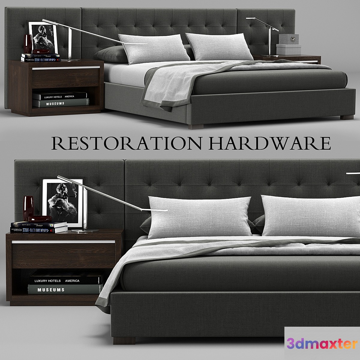 RH Modern custom box tufted fabric hedboard bed 3D Max