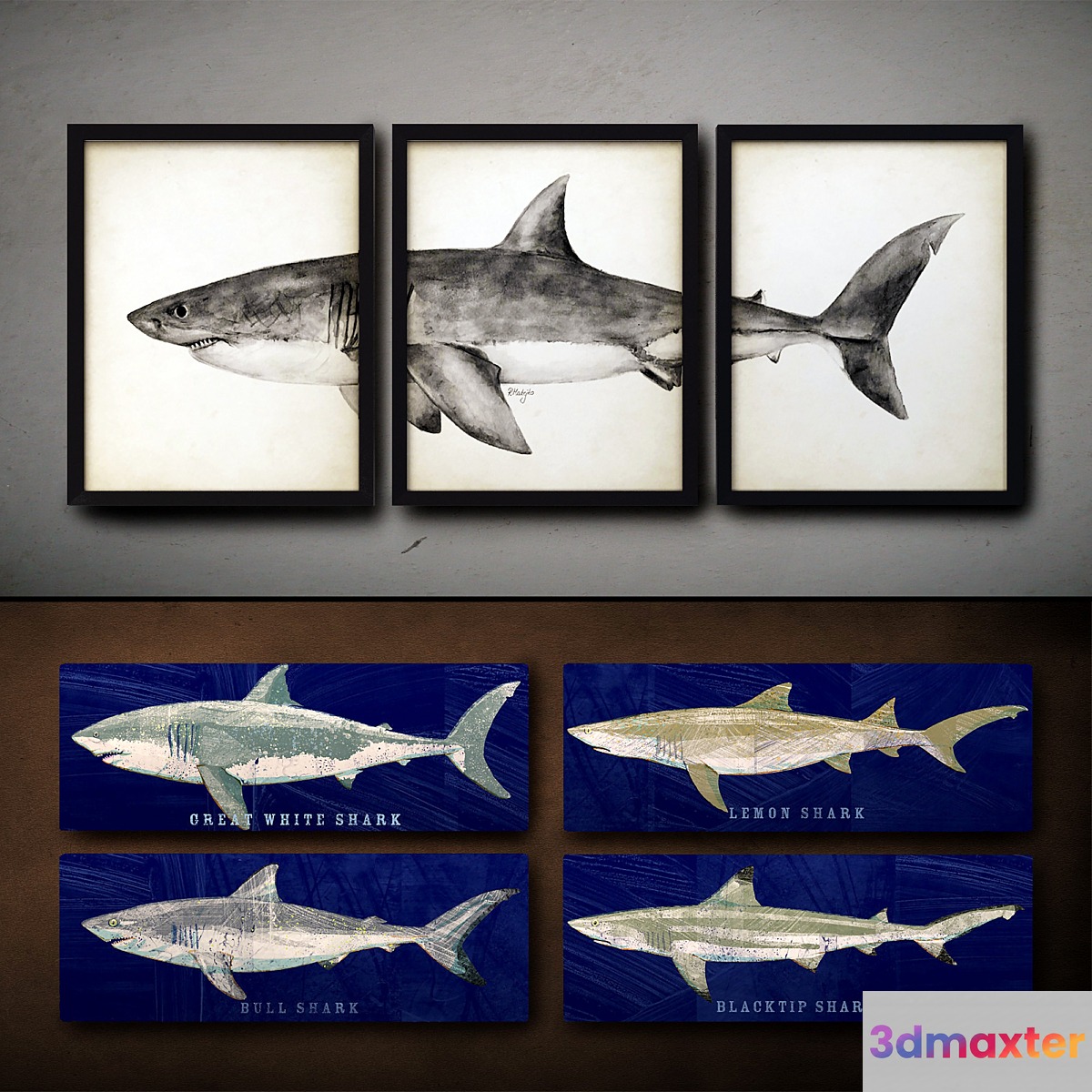 Wooden panels. 37. Collection of marine theme. Sharks 3D Max