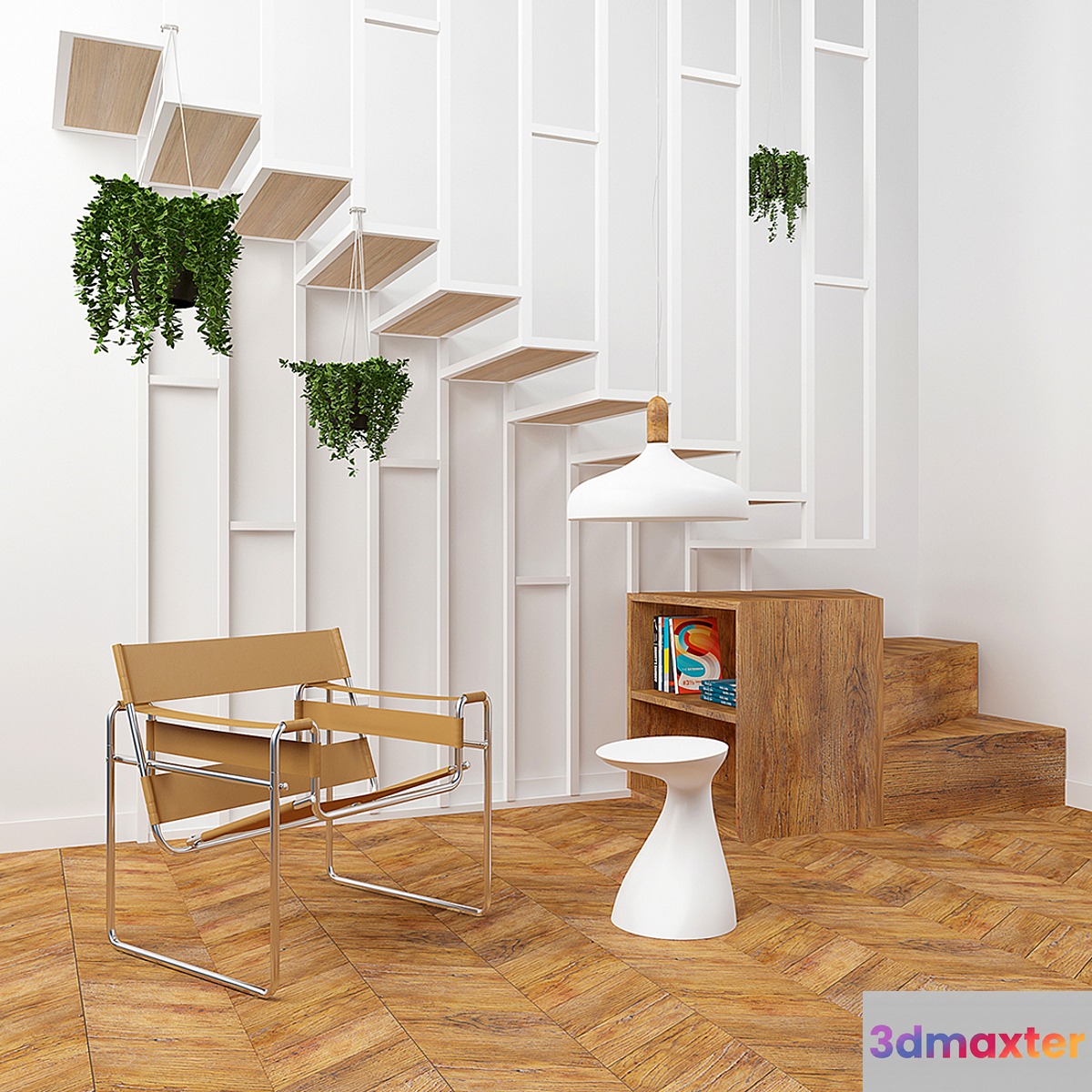 Interior set with stairs and armchair Wassily