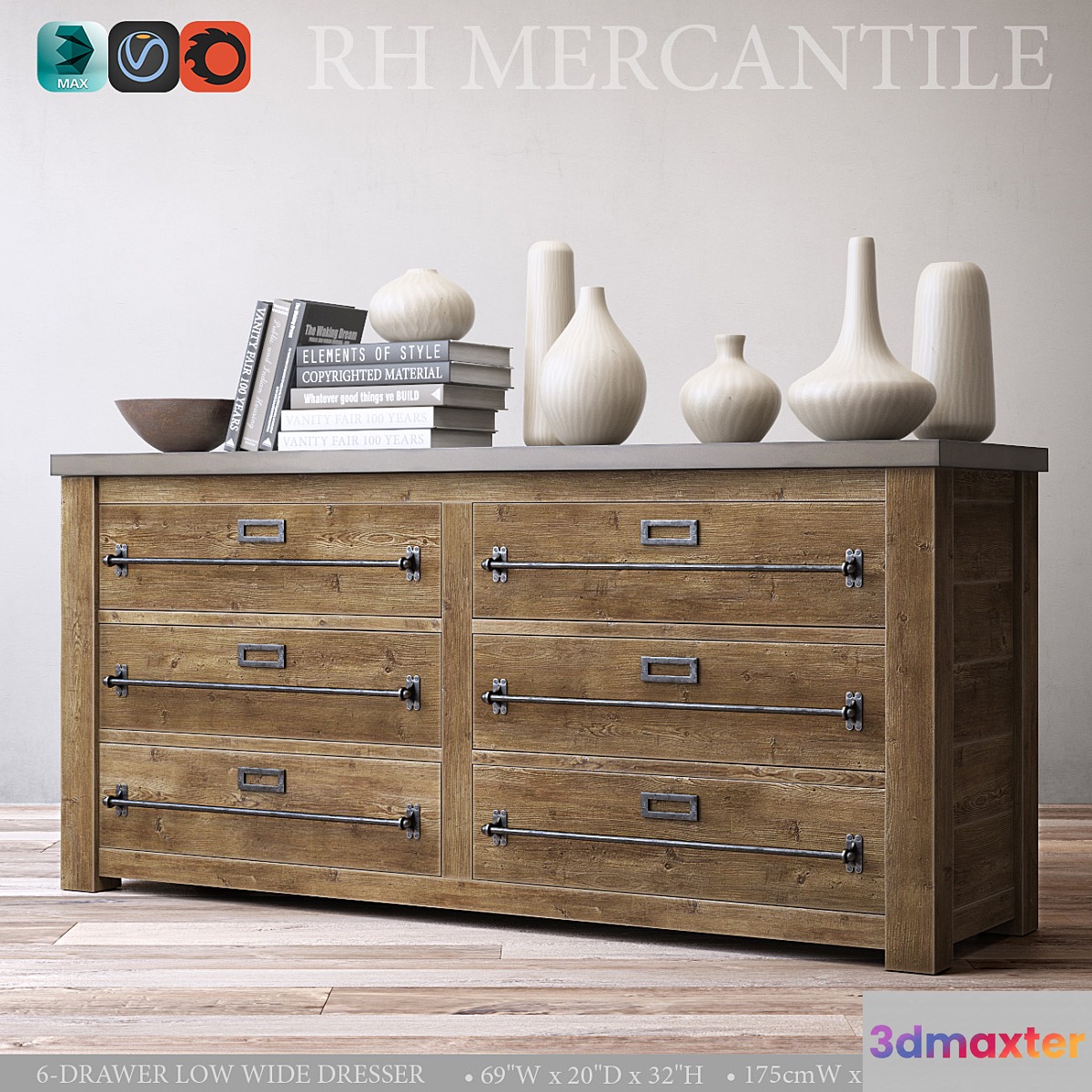 MERCANTILE 6-DRAWER LOW WIDE DRESSER 3D Max